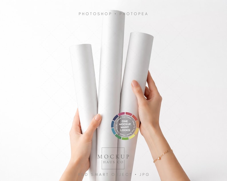 May include: Three white rolled paper tubes held by hands against a white background. The image includes the text "PHOTOSHOP PHOTOPAE" at the top and a circular logo with the text "ONE MOCKUP MANY LOOKS!" and "MOCKUP HAUS CO" at the bottom.