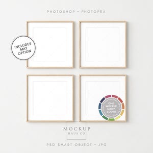 May include: Four square picture frames with light wood-coloured frames are arranged on a white background. The frames are empty, with a white interior. The image includes text that says "Includes Mat Option" and "One Mockup, Many Looks!"