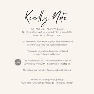 May include: Cream-colored digital download information sheet with the words "Kindly Note" in elegant script. Text details instant digital download, no physical item, and Canva compatibility. Includes a Canva logo.