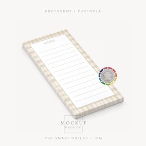 May include: A rectangular notepad with a beige and white checked border. The notepad has a white interior with lines and the word "NOTES" at the top. The image also includes the text "PHOTOSHOP • PHOTOPEA", "ONE MOCKUP MANY LOOKS", "MOCKUP HAUS CO", and "PSD SMART OBJECT • JPG".
