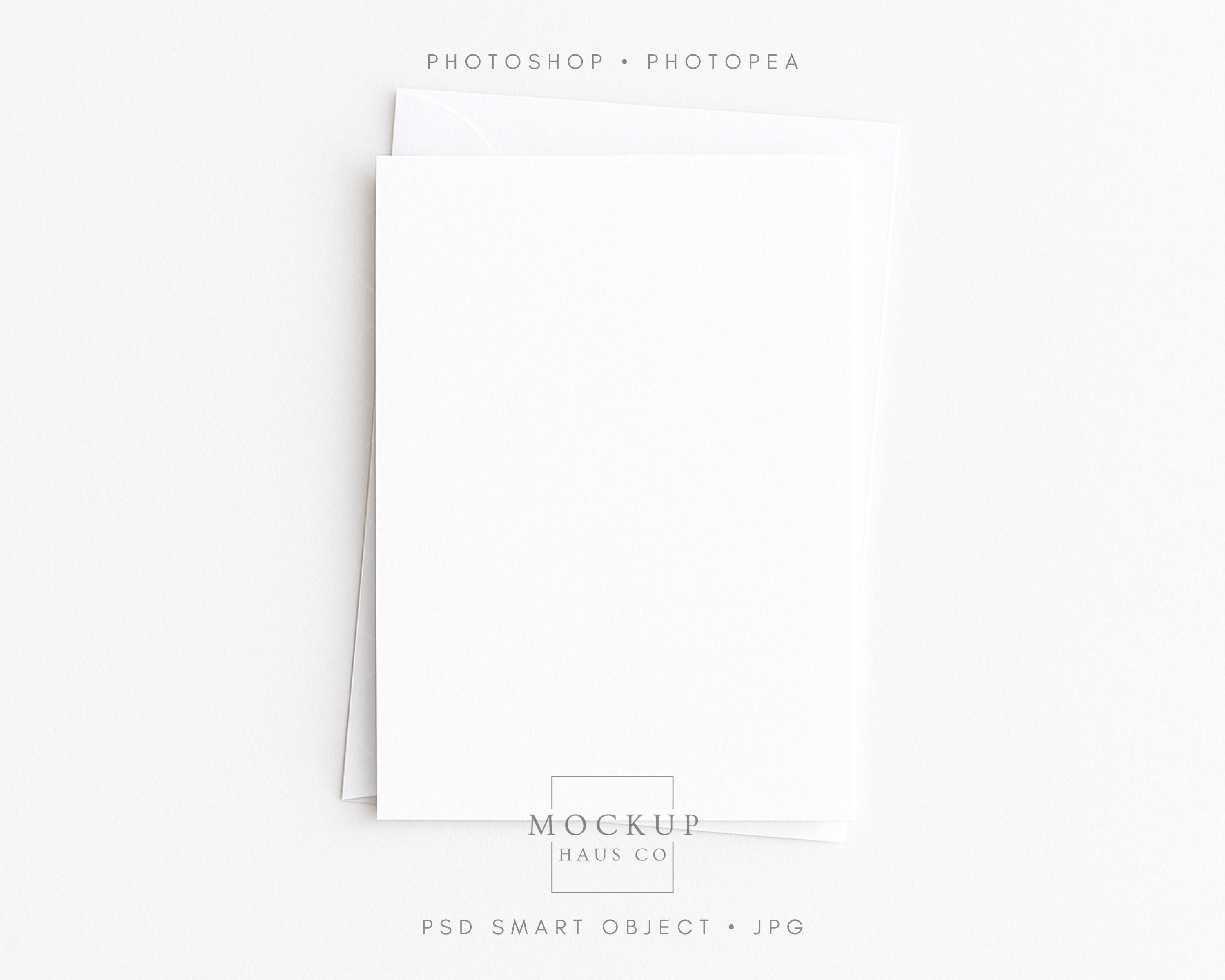 5x7 Flat Card Mockup with White Envelope, Blank White Birthday, Thank You or Invitation Template on Minimalist Empty Surface, PSD & JPG