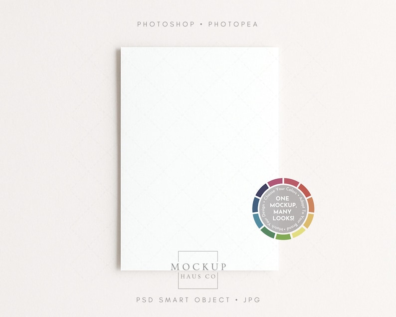 May include: A white rectangular mockup with a subtle grid pattern. The text "PHOTOSHOP &bull; PHOTOPEA" is at the top. A color wheel with the text "ONE MOCKUP, MANY LOOKS!" is on the right. The bottom has the text "MOCKUP HAUS CO" and "PSD SMART OBJECT &bull; JPG".