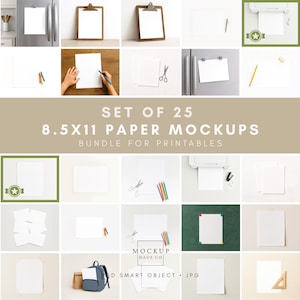 May include: A collection of 25 paper mockups, each featuring an 8.5 x 11 inch sheet of white paper. The images include clipboards, a refrigerator, and a printer, with pencils, scissors, and a backpack. Text reads "SET OF 25 8.5X11 PAPER MOCKUPS BUNDLE FOR PRINTABLES".