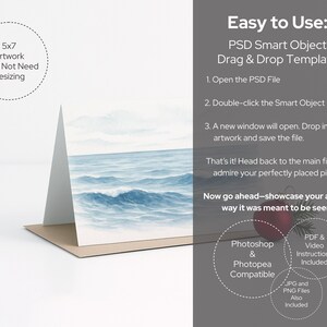 May include: A 5x7 artwork card featuring a watercolor painting of ocean waves in shades of blue. The card is displayed on a brown surface. Text on the right side reads "Easy to Use: PSD Smart Object Drag & Drop Template".