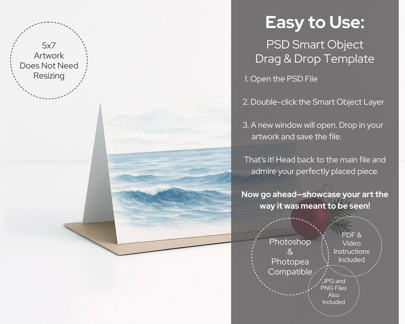 May include: A 5x7 artwork card featuring a watercolor painting of ocean waves in shades of blue. The card is displayed on a brown surface. Text on the right side reads "Easy to Use: PSD Smart Object Drag & Drop Template".