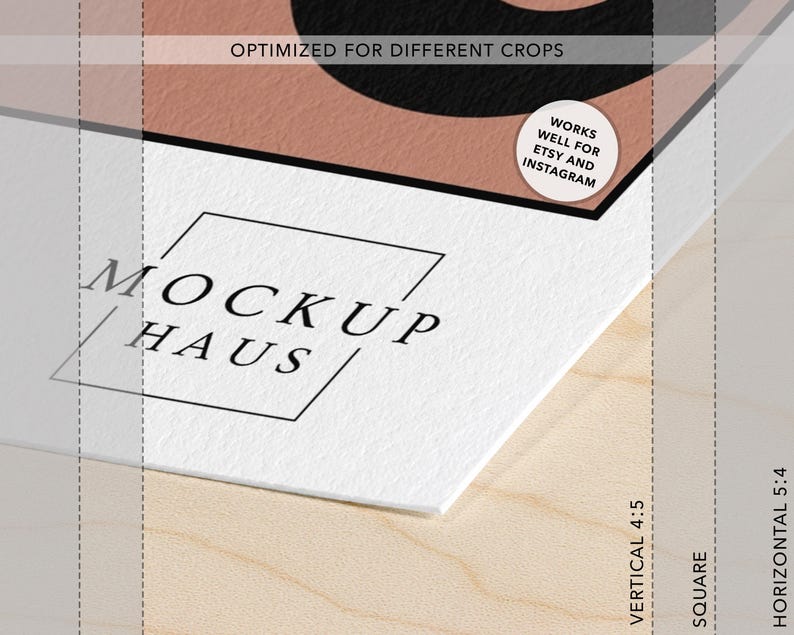 May include: A white paper mockup featuring the black text MOCKUP HAUS inside a thin black square outline. The paper has a textured surface and displays a partial black and peach graphic. A circular sticker reads WORKS WELL FOR ETSY AND INSTAGRAM.