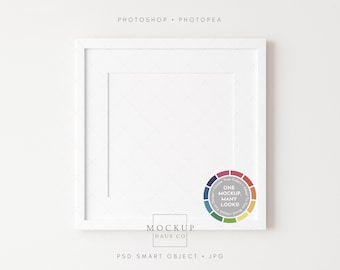May include: A square white picture frame with a mount, featuring the text "PHOTOSHOP • PHOTOPEA" at the top, "MOCKUP HAUS CO" at the bottom, and a circular colour wheel graphic with the text "ONE MOCKUP, MANY LOOKS!" in the corner.