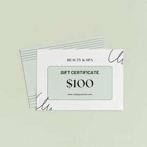 K&ouml;nnte beinhalten: Ein Geschenkgutschein f&uuml;r Beauty & Spa im Wert von 100 &euro;, wird auf einem hellgr&uuml;nen Hintergrund angezeigt. Der Gutschein ist wei&szlig; mit einem hellgr&uuml;nen Rechteck in der Mitte, und die Website-Adresse ist sichtbar.
