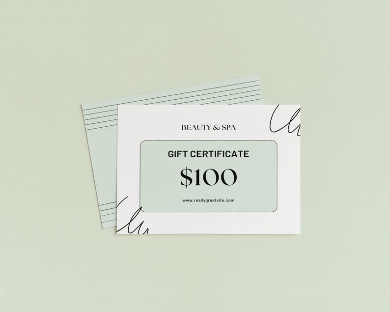 K&ouml;nnte beinhalten: Ein Geschenkgutschein f&uuml;r Beauty & Spa im Wert von 100 &euro;, wird auf einem hellgr&uuml;nen Hintergrund angezeigt. Der Gutschein ist wei&szlig; mit einem hellgr&uuml;nen Rechteck in der Mitte, und die Website-Adresse ist sichtbar.