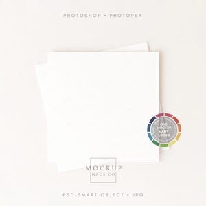 May include: A mockup featuring two white square cards with a subtle diamond pattern, layered on a light background. A color wheel with the text "ONE MOCKUP MANY LOOKS" is on the right. The text "MOCKUP HAUS CO" and "PSD SMART OBJECT . JPG" are also visible.