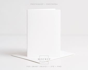 Vertical Card Mockup with Envelope, Realistic Minimalist 5x7 Greeting Card Art Display, Folded Paper Mock up PSD Smart Object JPG PNG | 001
