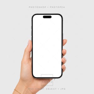 May include: A black smartphone with a white screen is held in a hand against a light gray background. The phone has a black border and a notch at the top. The text "PHOTOSHOP • PHOTOPEA" is at the top, and "MOCKUP HAUS CO" and "PSD SMART OBJECT • JPG" are at the bottom.
