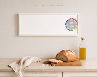 Panoramic Mockup PSD Horizontal 3x1 Frame Mockup Wide Landscape Kitchen Wall Art Panoramic Frame Mockup | Make Frame and Wall Any Color!