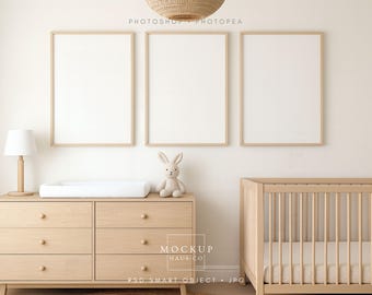 3 Frame Nursery Mockup PSD | DIN A Neutral Baby Room Wall Art Three Panel | Smart