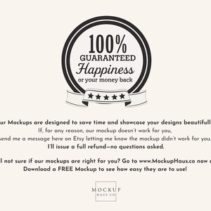 May include: A black and white circular graphic with the text "100% GUARANTEED Happiness or your money back." The image includes a banner and stars. The text below describes how the mockups save time and showcase designs.