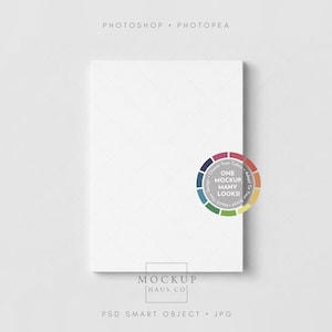 May include: A white rectangular mockup with a subtle diamond pattern, set against a light gray background. A circular color palette graphic with the text "ONE MOCKUP MANY LOOKS!" is on the right. The text "PHOTOSHOP • PHOTOPEA" is at the top.