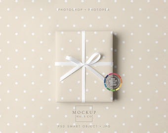 Wrapping Paper Mockup PSD | Gift Wrapped Box with Matching Background and Color-Changing Bow