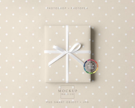 Wrapping Paper Mockup PSD | Gift Wrapped Box with Matching Background and Color-Changing Bow