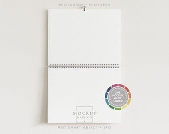 Wall Calendar Mockup Horizontal 8.5x11 Pages Open Simple Planner Display Monthly Dates with Spiral for Printify PS PSD Smart Object Template