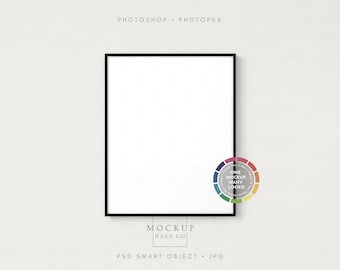 May include: A black framed rectangular mockup with a white interior, hanging on a light beige wall. The words "Photoshop, Photopea" are at the top. A color wheel graphic is on the right. The words "Mockup Haus Co" are at the bottom.