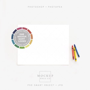 May include: A white canvas mockup with a color wheel graphic that reads "One Mockup, Many Looks!" and three crayons. The image also includes the text "Photoshop Photopea" and "Mockup Haus Co."