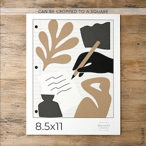 May include: A vertical 8.5x11 inch paper sheet featuring a lined background with three-hole punch marks. The design includes abstract tan leaf and figure shapes, a dark gray torn paper piece, a dark gray vase, and a black hand holding a pencil.