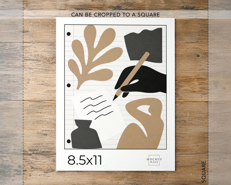 May include: A vertical 8.5x11 inch paper sheet featuring a lined background with three-hole punch marks. The design includes abstract tan leaf and figure shapes, a dark gray torn paper piece, a dark gray vase, and a black hand holding a pencil.