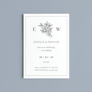 May include: A white wedding invitation with a floral illustration and the names Estelle & William. The invitation includes the date, time, and RSVP information. The design is simple and elegant, with a minimalist aesthetic.