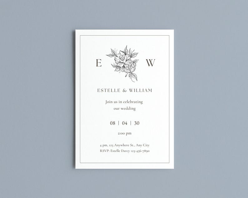 May include: A white wedding invitation with a floral illustration and the names Estelle & William. The invitation includes the date, time, and RSVP information. The design is simple and elegant, with a minimalist aesthetic.