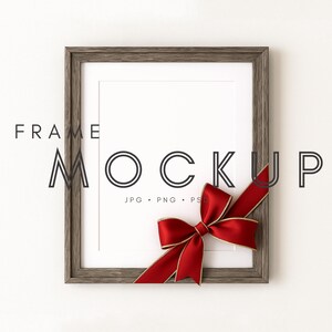 Christmas Frame Mockup with White Mat, 4:5 Vertical Rustic Wood Digital Art Display with Red and Gold Gift Bow, Easy PSD Template, JPG PNG
