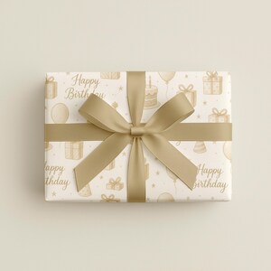 May include: A wrapped gift box with a gold ribbon and bow. The wrapping paper is white with a repeating pattern of birthday-themed illustrations in a light brown color, including gifts, balloons, and cakes. The words "Happy Birthday" are also printed on the paper.
