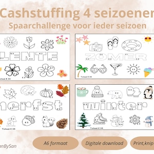 Op de afbeelding: Een digitale download met vier seizoensgebonden cash stuffing challenges. Elke sectie bevat illustraties en ruimtes om besparingen bij te houden, met thema's van lente, zomer, herfst en winter. De tekst bevat "Cashstuffing 4 seizoenen".