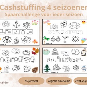 Puede incluir: Impresión de desafío de ahorro de relleno de efectivo de cuatro estaciones. Cada estación está representada con ilustraciones temáticas: flores de primavera, artículos de playa de verano, hojas de otoño y nieve de invierno. Incluye el texto "Cashstuffing 4 seizoenen".