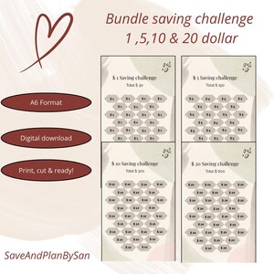 Op de afbeelding: Een digitale downloadbundel met spaaruitdagingen in A6-formaat. Het ontwerp bevat uitdagingen voor $1, $5, $10 en $20, met een totaal spaarbedrag voor elk. De tekst bevat "Bundle saving challenge 1,5,10 & 20 dollar".