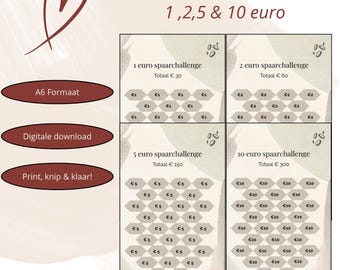 Sfida digitale per il risparmio in euro - Pacchetto da 1, 2, 5 e 10 euro - Tracker di risparmio stampabile - Sistema di buste per contanti