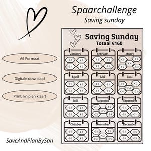 Op de afbeelding: Een afdrukbare "Saving Sunday" spaaruitdagingskaart. De kaart is ontworpen om in totaal €160 te sparen. Het heeft een kalenderindeling met vakjes voor elke maand, elk vakje bevat verschillende bedragen om te sparen. De tekst "Saving Sunday" staat bovenaan.