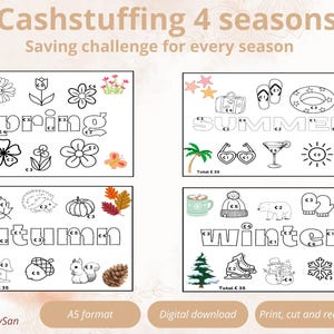 Könnte beinhalten: Ein digitaler Download mit vier saisonalen Cash-Stuffing-Herausforderungen. Jede Jahreszeit, Frühling, Sommer, Herbst und Winter, hat thematische Illustrationen und Bereiche zum Sparen von Geld. Der Text "Cashstuffing 4 seasons" und "Saving challenge for every season" stehen oben.