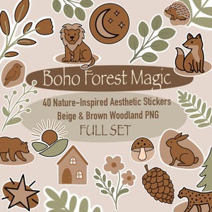 Boho Forest Magic – 40 Nature-Inspired Aesthetic Stickers | Beige & Brown Woodland PNG Set