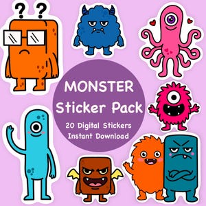20 Hand-Drawn Monsters Sticker Pack for Goodnotes, Digital Planner and Scrapbook