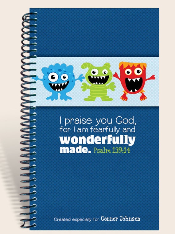 Personalized Kids Notebook Silly Faces Blue Wonderfully Made 