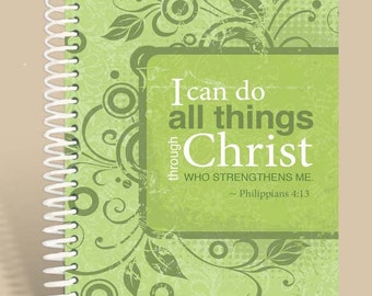 Personalized Notebook / Prayer Journal - Lime Green - Philippians 4:13