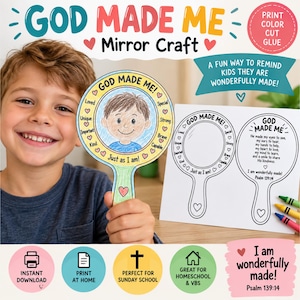 Könnte beinhalten: Ein God Made Me Spiegel-Bastelset mit einer handgehaltenen Papierspiegelvorlage mit einer farbigen Zeichnung eines Kindes, umgeben von Text wie Loved, Unique, Important, Kind, Strong, Brave und Capable, sowie einem bedruckbaren Blatt mit Text.