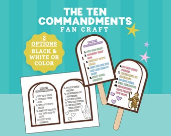 Könnte beinhalten: Ein Bastelset mit dem Text "The Ten Commandments Fan Craft". Das Set enthält zwei Fächerdesigns mit den Geboten und ein Blatt mit einer Schwarz-Weiß-Version. Das Set bietet zwei Optionen: Schwarz & Weiß oder Farbe.