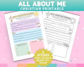 May include: Two printable activity sheets titled God Made Me Special with the text I praise you because I am fearfully and wonderfully made Psalm 139:14. One sheet is in full color with pastel sections, and the other is a black and white outline version.