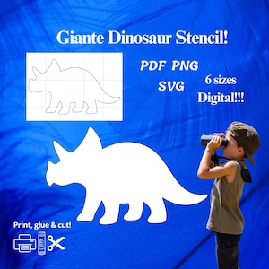 May include: A white triceratops dinosaur stencil with the text "Giante Dinosaur Stencil!" and "PDF PNG SVG 6 sizes Digital!!!" on a blue background. The image also includes a small illustration of a dinosaur and a child looking through binoculars.