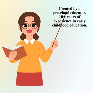 May include: Cartoon illustration of a teacher with glasses, an orange top, and a red skirt, holding a book and a pointer. Text states: "Created by a preschool educator. 10+ years of experience in early childhood education."