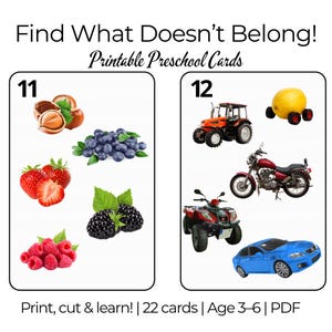 Peut inclure: Cartes de maternelle imprimables avec le texte « Find What Doesn't Belong! » présentant deux séries d'images. L'une comprend des fruits et des noix, l'autre des véhicules et un citron avec des roues. Le texte « Print, cut & learn! » est également présent.