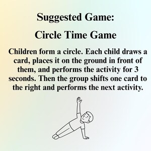 May include: A light green and yellow gradient background with black text that reads "Suggested Game: Circle Time Game". The text describes a children's game. A line drawing of a child doing a side plank is in the bottom right corner.