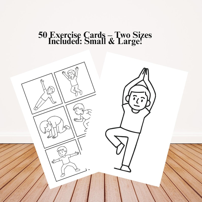 May include: Two white exercise cards with black line drawings of yoga poses and exercises. The text "50 Exercise Cards - Two Sizes Included: Small & Large!" is printed at the top. The cards are on a wooden surface.