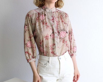 Vintage 1970s Blouse Floral Boho Womens Top Small